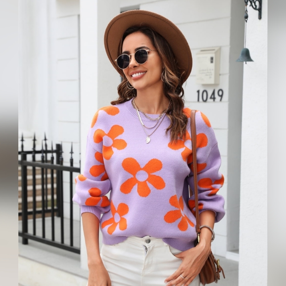 Flower Power Retro Floral Knit Round Neck Long Sleeve Oversized Pullover Sweater - Picture 7 of 9